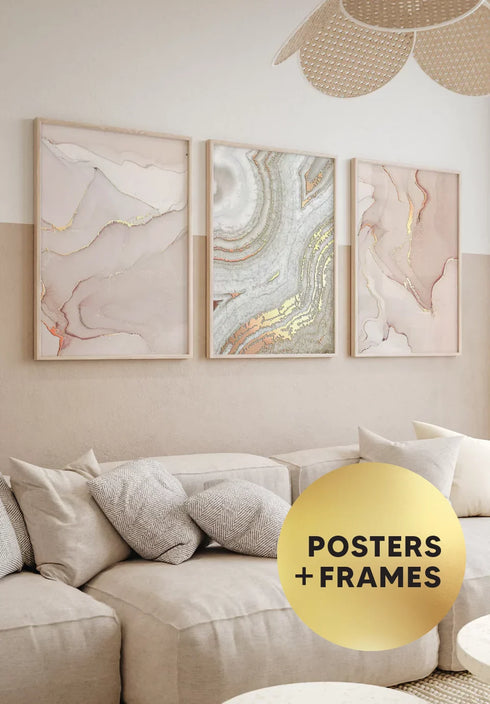 Set Of 3 Posters Light Coral Real Rose Gold + 3 Natural Oak Frames 50x70cm